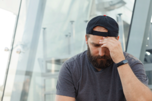 distraught young man with head in his hand wondering what you need to know about depression and self-harm.